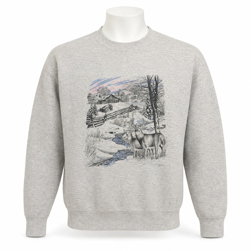 Vintage 90s Deer Buck Sweatshirt Men XL Gray Wildlife Winter Cabin Tultex